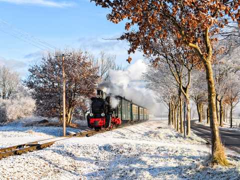 Mit dem ersten Zug des Tages nach Putbus war die Vulcan-Dampflok 53 Mh (99 4633) am 21. Dezember
2021 bei Posewald unterwegs. | 21.12.2021 | Foto: Thomas Schneider Mit dem ersten Zug des Tages nach Putbus war die Vulcan-Dampflok 53 Mh (99 4633) am 21. Dezember
2021 bei Posewald unterwegs.