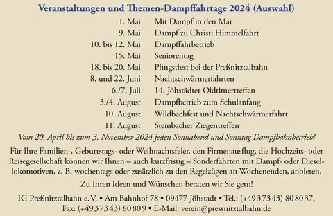 Mai - August 2024: Veranstaltungen und Themenfahrtage der Preßnitztalbahn