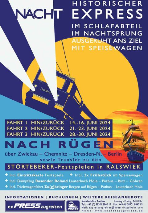 14.-16., 21.-23. und 28.-30. Juni 2024: Historischer Nachtexpress im Schlafabteil im Nachtsprung nach Rügen