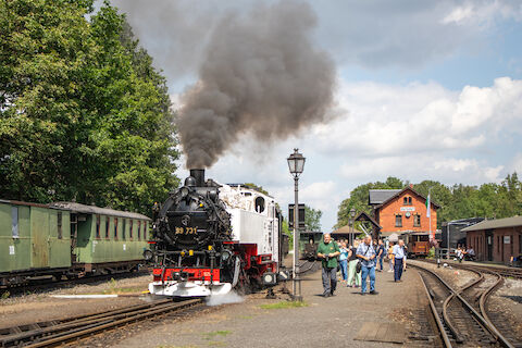 Die Überraschungslokomotiven der diesjährigen Historik Mobil waren die I K Nr. 54 und die für drei
Tage mit einem Fotografieranstrich versehene Einheitslok 99 731, hier im Bf Bertsdorf.