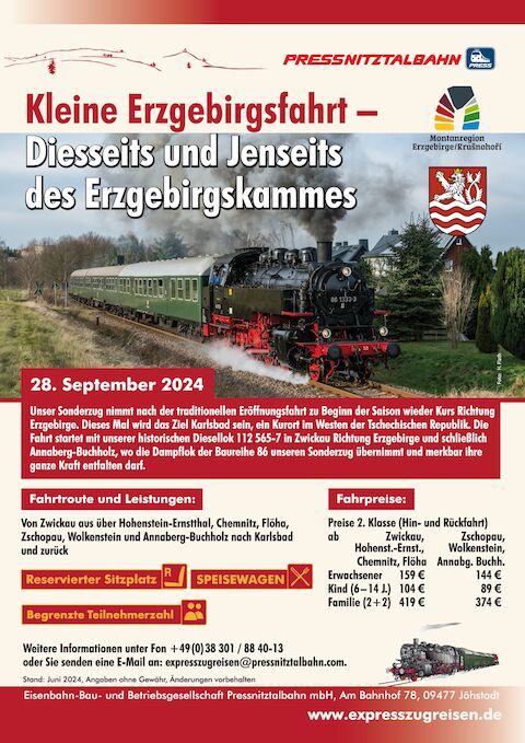 Veranstaltungsankündigung: Kleine Erzgebirgsfahrt - Diesseits und Jenseits des Erzgebirgskammes am 28. September 2024.