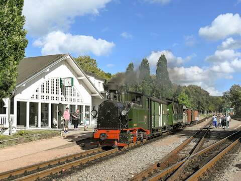 Eine königlich-sächsische Lok auf der Rügenschen Kleinbahn in Binz? Vor 1920 bzw. 1949 war das undenkbar! Im Juli und in der ersten Augusthälfte 2024 war dies mehrere Tage möglich.