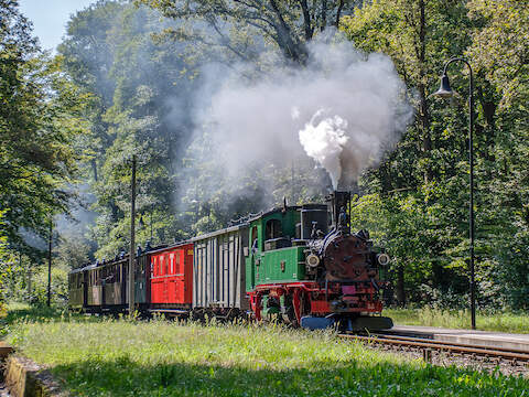 Zum Festwochenende „50 Jahre Traditionsbetrieb in Radebeul“ kam im von der IV K Nr. 176 geführten Sonderzug nach 15 Jahren wieder der 1908 in Bautzen gebaute Bahnpostwagen Nr. 2680 der IG Verkehrsgeschichte Wilsdruff e. V. zum Einsatz. Richard Geertz fotografierte den Zug am 24. August 2024 im Haltepunkt Lößnitzgrund.