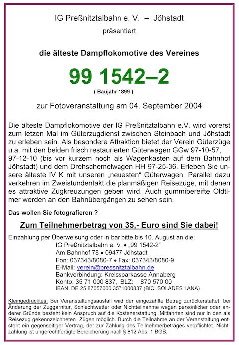 Veranstaltungsankündigung 4. September 2004: Fotoveranstaltung mit IV K 99 1542-2