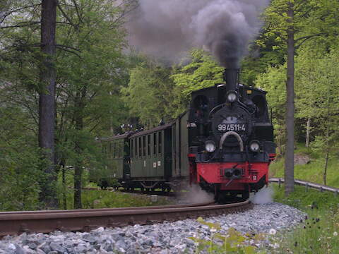 Nicht nur zu Pfingsten, wie hier am 30. Mai 2004, sondern auch an mehreren Fahrtagen im Sommer wird 99 4511 vor den Zügen auf der Preßnitztalbahn zu erleben sein.