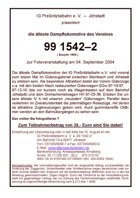 Veranstaltungsankündigung 4. September 2004: Fotoveranstaltung mit der ältesten IV K der Preßnitztalbahn - 99 1542-2