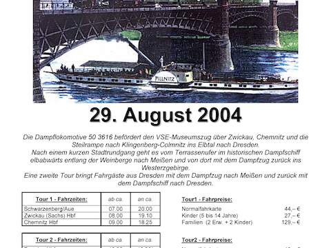 Veranstaltungsankündigung 29. August 2004: 3. Nostalgie-Dampfzug im Elbtal