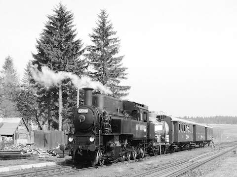 Am 29. April 2004 brachte 423.094 zwei Verstärkungswagen und einen Wasserwagen nach Schwarzenberg, im Bahnhof Horni Blatna (Bergstadt Platten) legt der Zug eine kleine Pause ein.