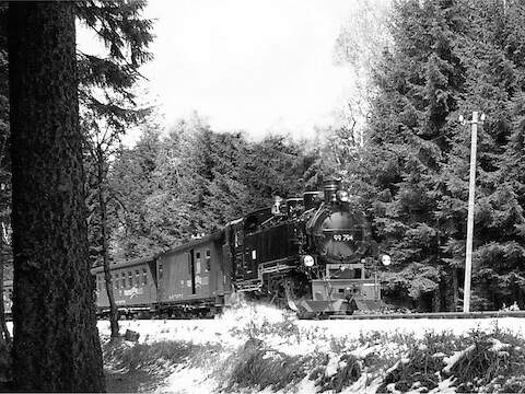 Anfang Mai donnerte 99 794 mit einem Personenzug die Steigung nach Kretscham-Rothensehma empor. Die Lok ist die erste der Fichtelbergbahn, die ein Nummernschild mit genormten Spitzziffern trägt, wie sie bei der DR bis 1970 galten. Für Eisenbahnfotografen wirkt die Lok jetzt wesentlich attraktiver.