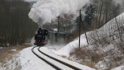 Zug mit 99 1542-2 kurz nach der Ausfahrt aus dem Bahnhof Steinbach.