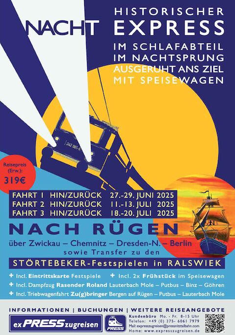 Veranstaltungsankündigung 27.-29 Juni, 11.-13 Juli und 18.-20. August 2025: Historischer Nachtexpress nach Rügen